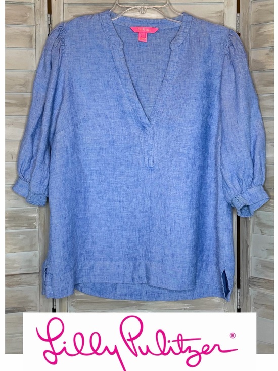 Lilly Pulitzer Tops - Lilly Pulitzer Mialeigh Linen Tunic Top Size 12 Puff Sleeve Beckon Blue EUC